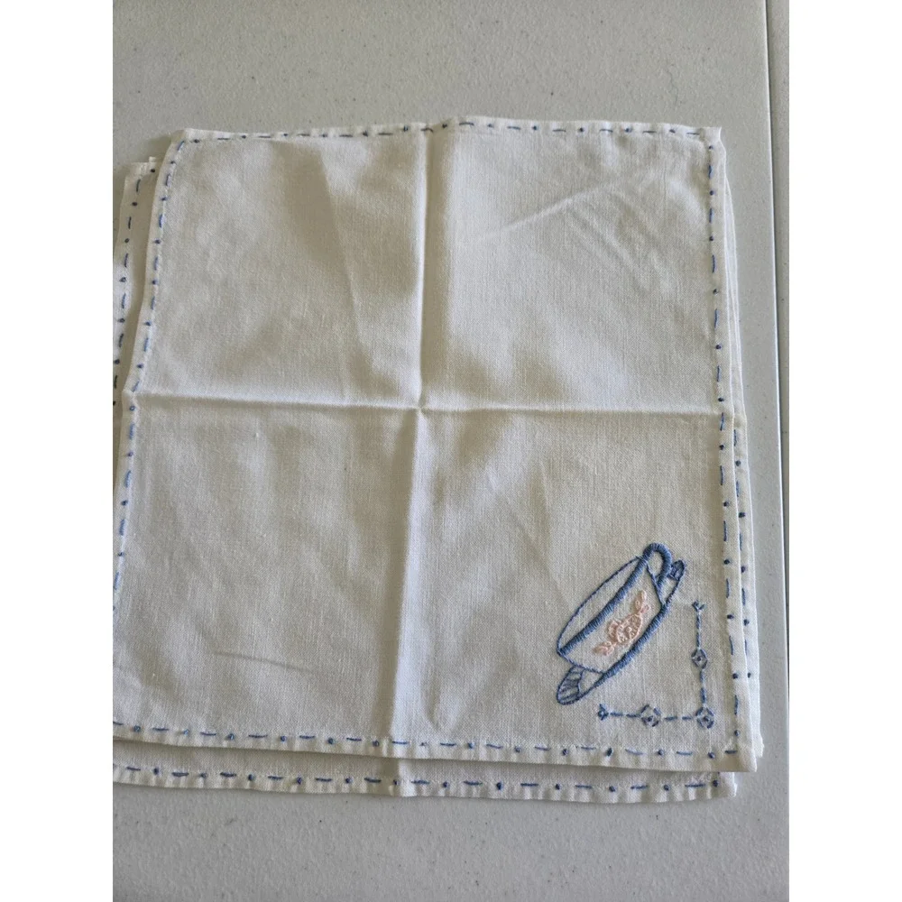 Vintage 4 Hand Embroidered Teacup Napkins Handkerchiefs White Shabby Chic LINEN